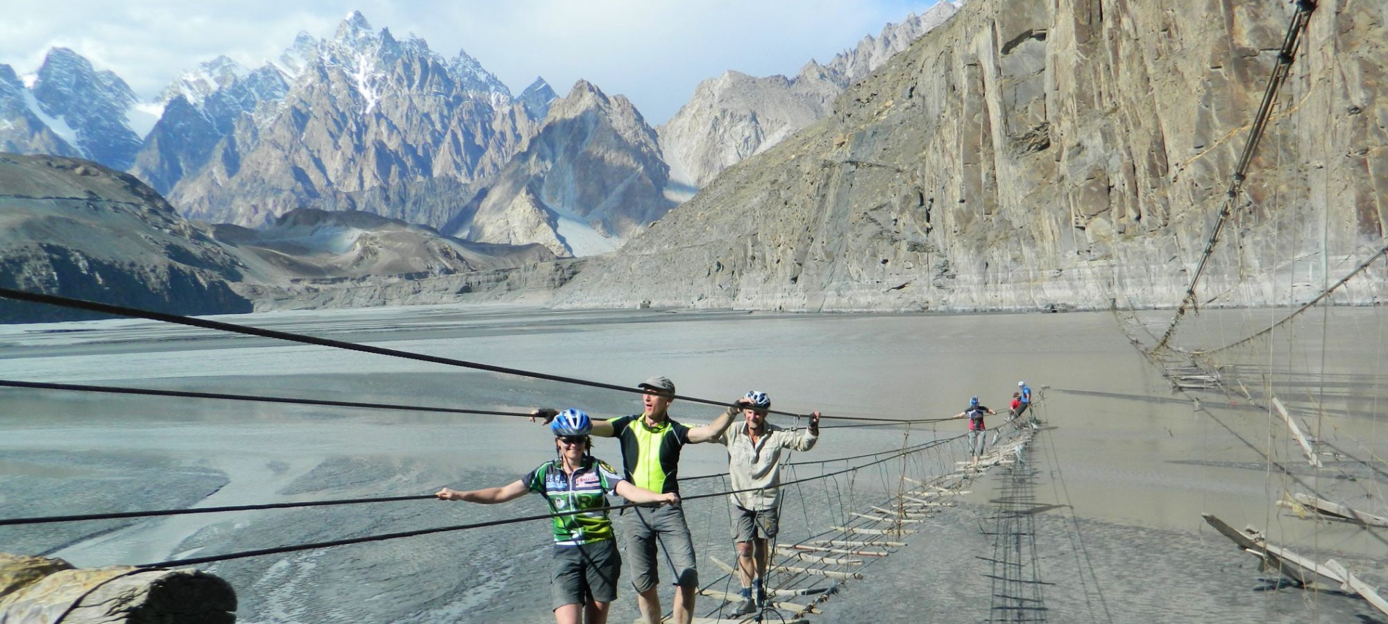 Passu Suspension Bridge, Cathedral mountains background